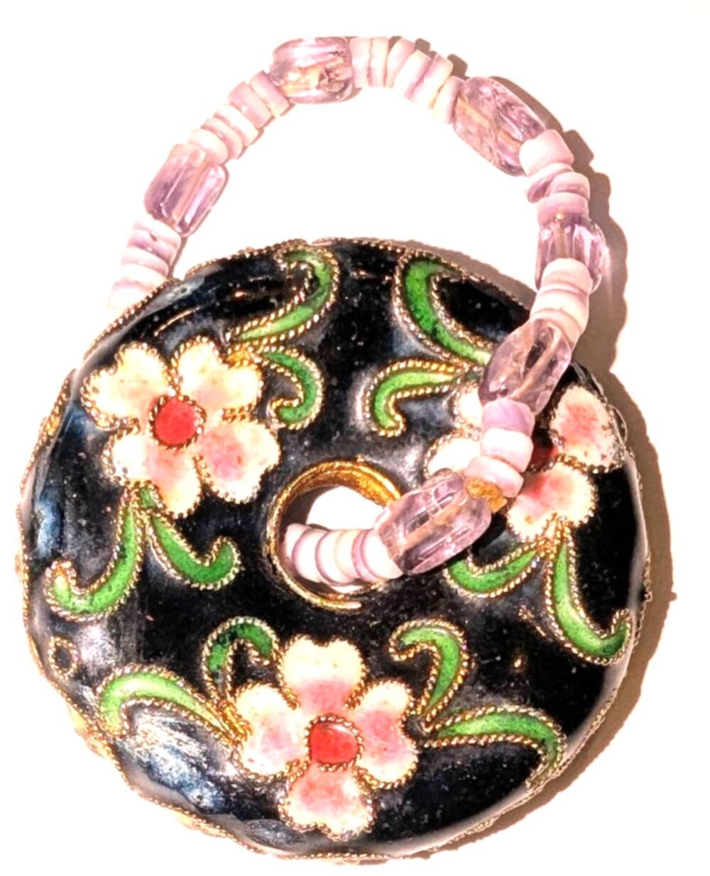 Cloisonne Floral Round Donut Shaped Pendant Black Pink Green Beaded Bale Vintage